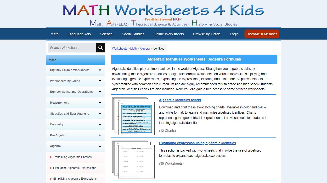 Algebraic Identities Worksheets - Math Worksheets 4 Kids