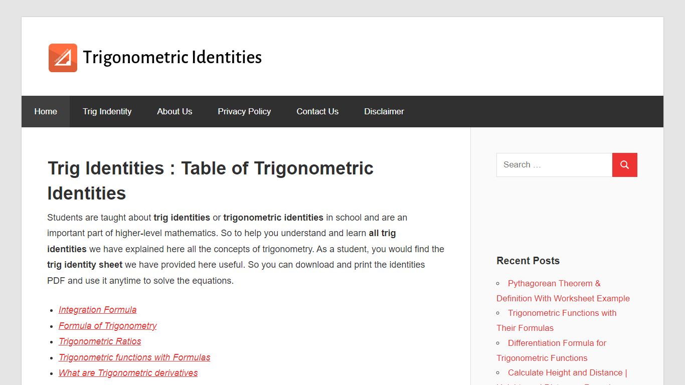 Trig Identities : Table of Trigonometric Identities